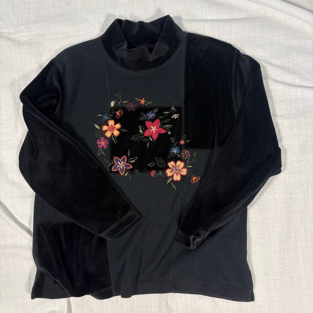 Vintage 90s Black Velour Floral Embroidered Patchwork Mock Neck Top